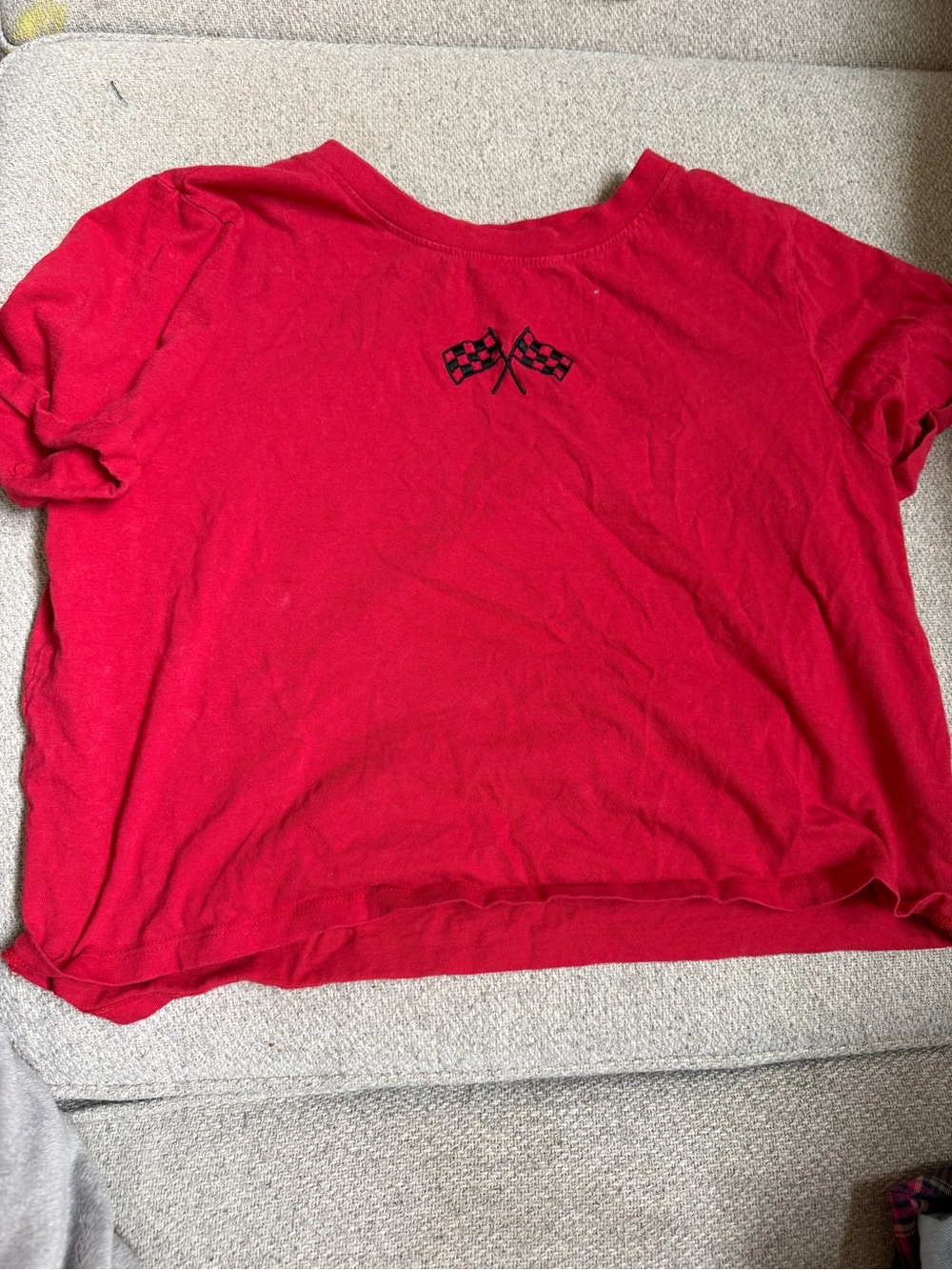 Red Women's Short Sleeve Tee with Checkered Flag Detail